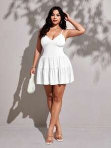Viva Relle Women's Plus Size Casual Solid Color Off-Shoulder Spaghetti Strap Dress, Summer Peplum Pupoy Keep - White - View 3