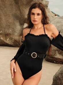 Anewsta Maiô feminino assimétrico com decote halter, detalhes em patchwork e babados, mangas bufantes, perfeito para férias de verão na praia. - Preto - Ver 5