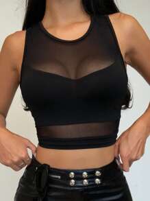 SHEIN PETITE 女式简约网眼透视运动背心 - 黑色 - 查看 1