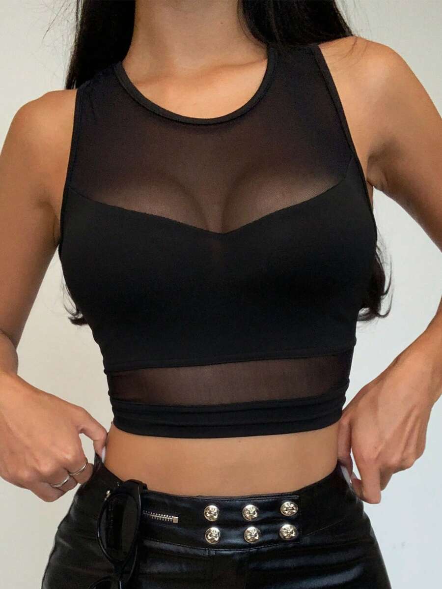 SHEIN PETITE 女式简约网眼透视运动背心 - 黑色 - 查看 1