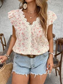 SHEIN VCAY Blouse casual à manches volantées en dentelle à imprimé floral éparpillé pour femmes en grande taille - Multicolore - Voir 5