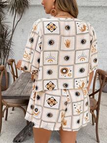 SHEIN VCAY Plus Size Women's Checkered & Retro Print Shorts Set, Tie Front Bow Blouse And Shorts Comfy 2 Pieces Outfit, Summer Vacation Outfits Woman  Vacay Outfits Women Beach Outfits For Women Holiday Outfits  Summer Outfits City Break Outfits Boho Chic Boho Style European Summer Island Vacation Outfits Honeymoon Outfits  Birthday Outfits For Women Old Money Mujer Miami Outfits  Saint-Tropez Outfits Tulum Outfits  South Beach Outfits Santorini Greece Outfits Amalfi Coast Outfits   Ibiza Outfits  Island Girl Plus Brunch Outfits Airport Outfit Club Outfits Women Teacher Outfits For Women Western Clothes For Women Western Wear Women Plus