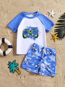 Ensemble de maillot de bain 2 pièces pour jeunes garçons, imprimé fixe partiel à l'avant, imprimé aléatoire ailleurs
