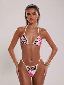 SHEIN BAE Atasan Baju Renang Wanita Seksi Elegan untuk Pesta Liburan Motif Leopard dengan Tali Pengikat Model Halter dan Dekorasi Kerang, Model Mini Segitiga. - Aprikot - View 3