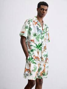 Maija 2 件套男士棕榈树印花短袖衬衫和短裤海滩度假装，夏威夷风 - 彩色 - 查看 3