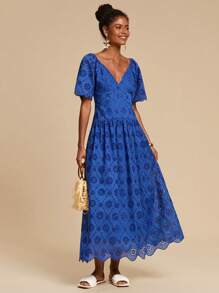 Travachic Summer Blue Puff Sleeve Long Dress With Floral Cutout Design And Sweetheart Neckline Blue Dress Blue Midi Dress Blue Eyelet Dress Blue Vacation Dress - Blue - View 4