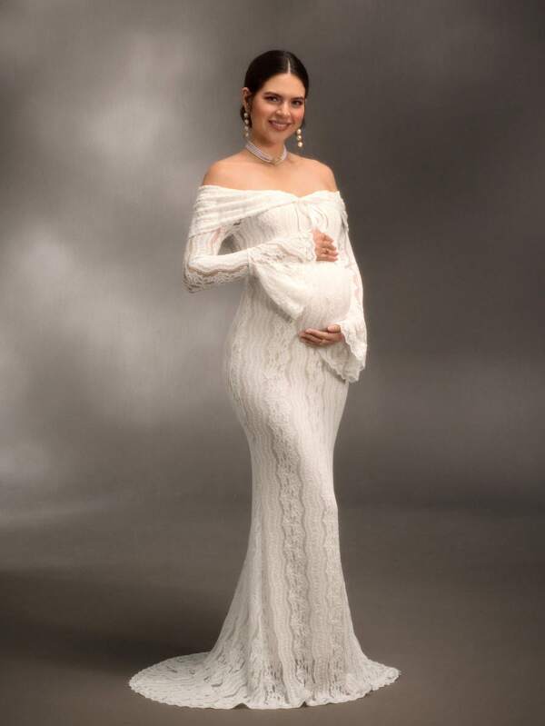 Cheriluna Maternity Elegant Off-Shoulder White Lace Long Sleeve Mermaid Maxi Dress, Suitable For Wedding, Party, Maternity Photoshoot, Baby Christening