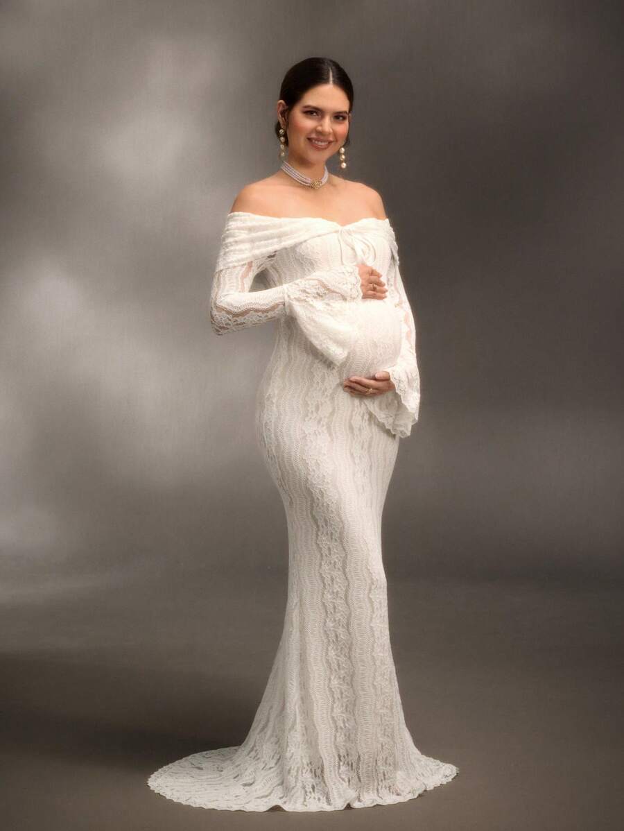 Cheriluna Maternity Elegant Off-Shoulder White Lace Long Sleeve Mermaid Maxi Dress, Suitable For Wedding, Party, Baby Shower, Maternity Photoshoot, Christening