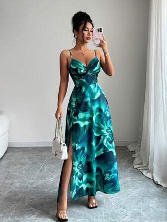 Elenzga Nouvelle robe en tissu floral tressé pour femmes, avec bretelles réglables en spaghetti, détail de torsion à l'avant, dos ouvert, ourlet Top-bas, design cintré à la taille, élégante et affinante, convient pour les vacances et les rendez-vous