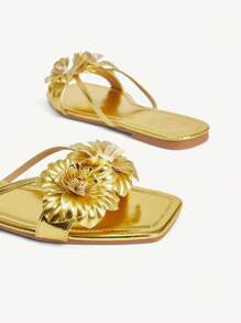 CUCCOO CHICEST 女士夏季新款鸢尾花装饰方头平底优雅休闲时尚金色金属仿皮女士平底凉鞋，适合海滩、派对、度假、海滩生活方式 - 金色 - 查看 11