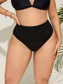 Swim Basics Plus Size Solid Color Ruched High Waist Swimsuit Bottom For Summer Beach Vacation