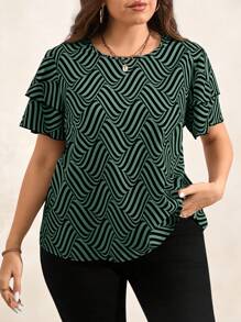 SHEIN Clasi Áo thun sọc cổ tròn tay đôi cỡ lớn thường ngày, dành cho mùa hè - Màu xanh lá cây đậm - Xem 4