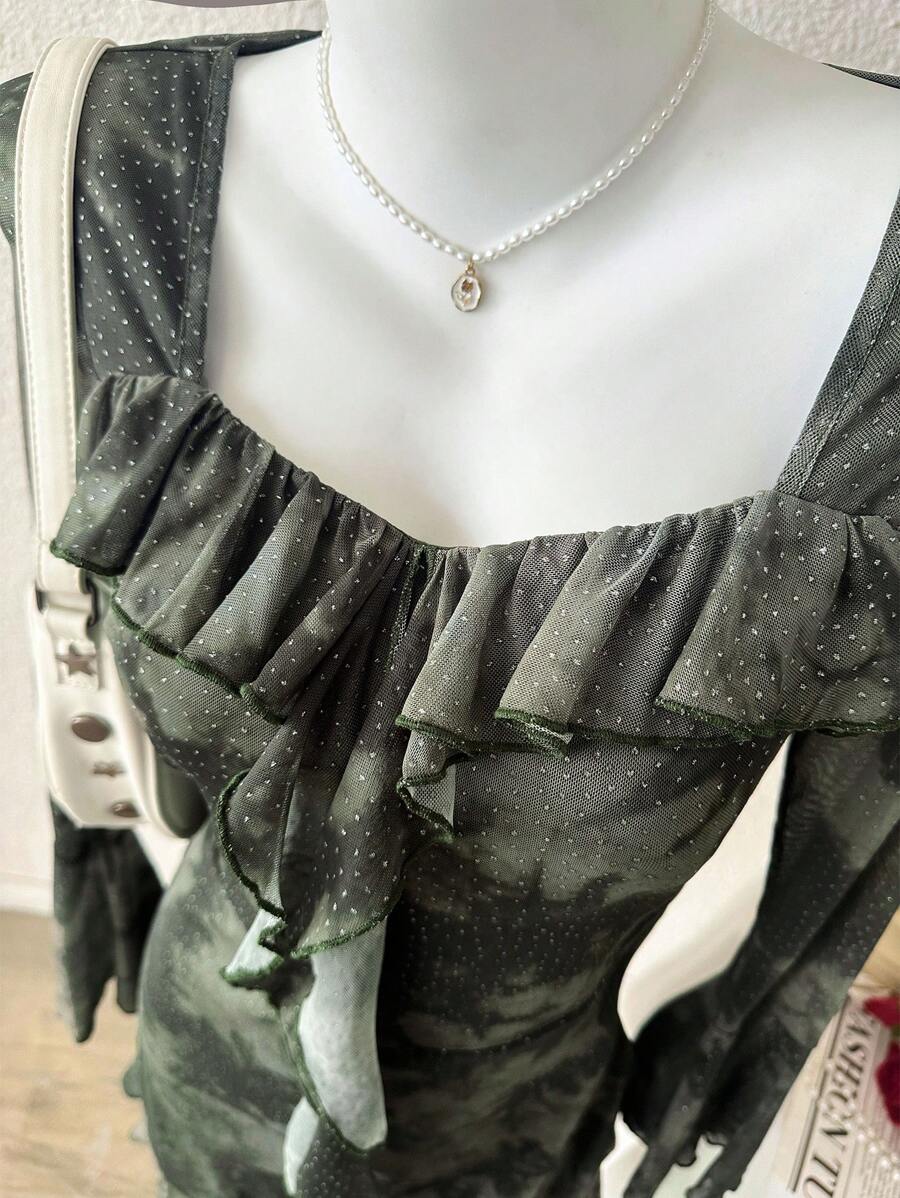 Modelyn Robe courte élégante avec volants et manches évasées imprimée tie dye pour femmes - Vert - Voir 1