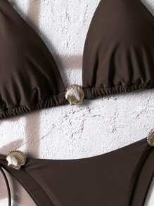 SHEIN Swim Conjunto de 2 piezas de bikini sexy de color marrón con estampado de conchas marinas para mujeres - Marrón - Ver 4