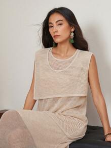 Dazy-Less 女士宽松休闲夏季钩针波西米亚风格优雅度假海滩纯色简约迷你连衣裙 2 件套装，含背心和裙子，商务休闲女式工作服