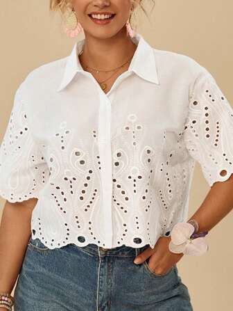 Travachic Plus Size Hollow Out Embroidered Solid Color Short Sleeve Shirt With Front Button Closure, Casual Summer