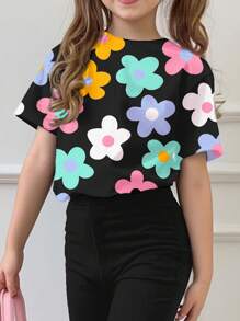 SHEIN Bộ 2 quần áo trẻ em gái cổ tròn tay ngắn họa tiết hoạt hình thường ngày và quần ống loe, phù hợp cho mùa hè - Nhiều màu - Xem 3