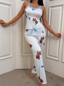 Eraneu 2pcs Women Home Casual Printed Ruffle Strap Camisole And Long Pants Sleepwear Set - Multicolor - View 1