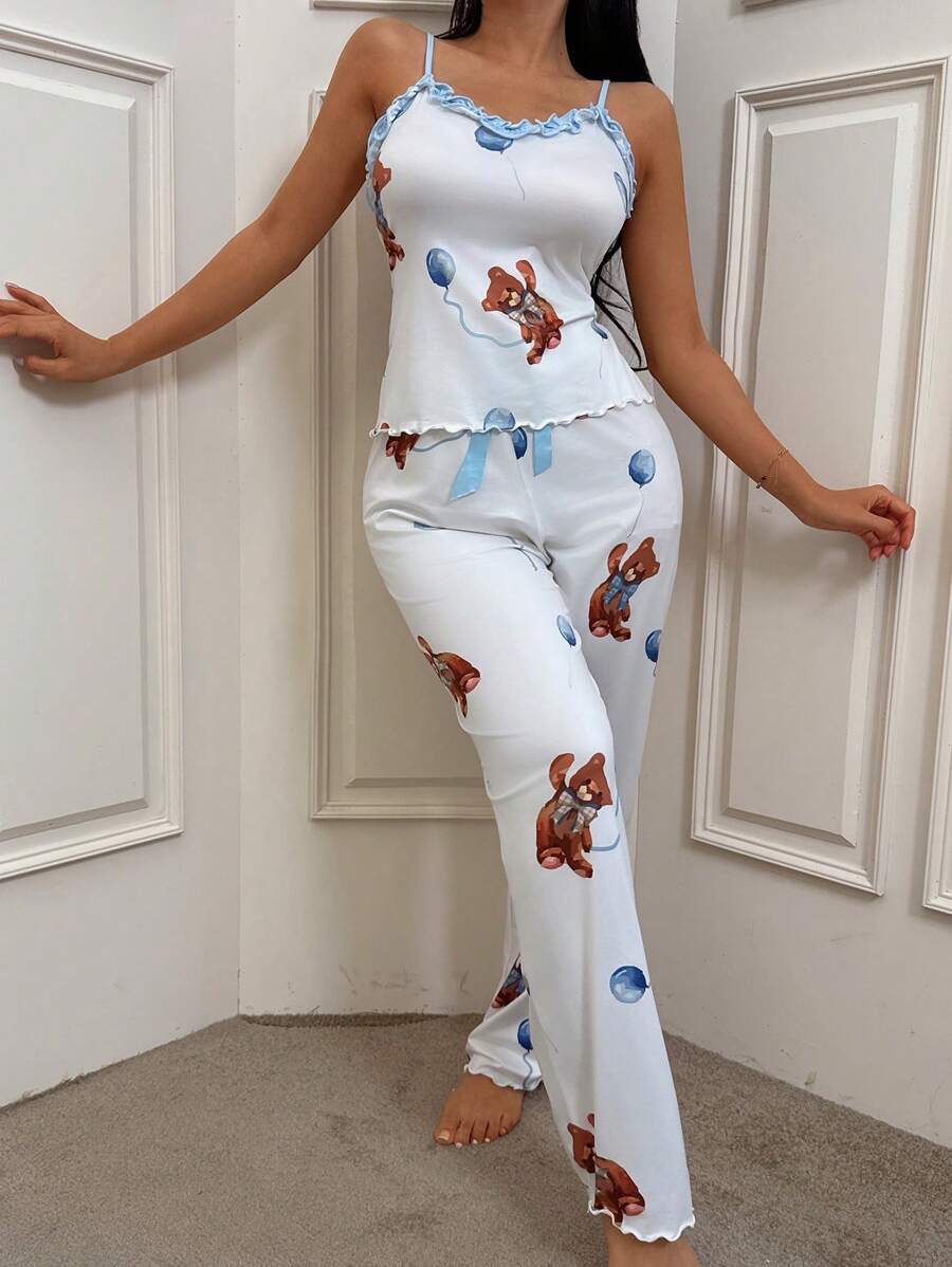 Eraneu 2pcs Women Home Casual Printed Ruffle Strap Camisole And Long Pants Sleepwear Set - Multicolor - View 1