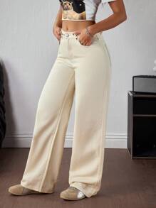 INAWLY INAWLY Women's Casual Chic Simple Solid Color Rivet Decor Loose Wide Leg Jeans - Beige - View 3