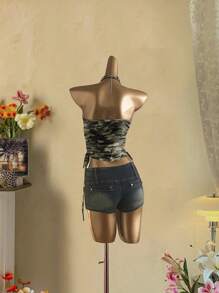 Attitoon Top de estilo casual vintage con estampado de camuflaje verde oliva en todo el diseño, ideal para volver al colegio