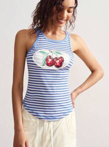 Bohemela Women's Casual Knit Cherry Stripe Print Tank Top - Blue and White - View 5