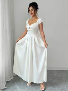 Elenzga Vestido largo elegante para invitadas a bodas o fiestas, de estilo francés romántico y alta gama, de satén, con cuello con lazo, cintura entallada y falda plisada en línea A, para primavera/verano - Albaricoque - Ver 3