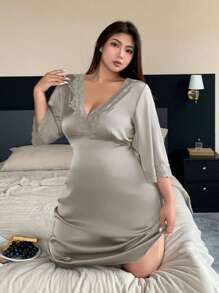Dazy Plus Purple Contrast Lace V-Neck Cinched Waist Long Nightgown With 3/4 Sleeves, Elegant Sleepwear For Spring Summer Autumn