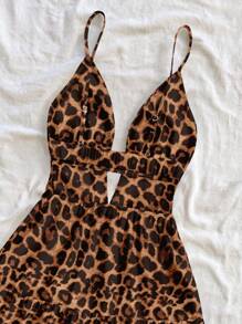 Soleia Vestido corto con escote en V, espalda descubierta y volantes con estampado de leopardo, estilo vacaciones/fiesta, adecuado para el verano