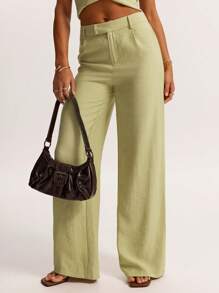 SHEIN BAE Damen Frühlings- und Sommermode salbeigrüne Leinwand-Twill-Hose mit Knöpfen und Taschen, einfaches, tailliertes Design, für den täglichen Gebrauch, Pendeln, Lässig, modischen Straßenstil, klassischen Stil, Büro-Sirene, Büro/Frühling/Leinenhose/Business Lässig/Business Lässig