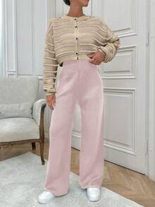 SHEIN Cottnline 女士条纹图案前扣开衫和毛衣裤套装 - 藕粉色 - 查看 2