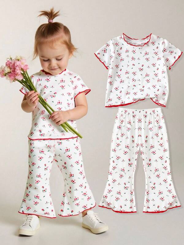2 Stücke/Set Baby Mädchen Sommer&Herbst Lässig Stil Blumen-Druck Kurzarm Oberteil&lange Hose