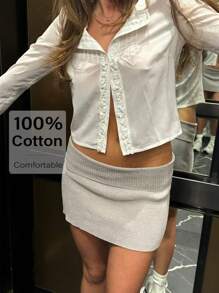 Siren Gaze Back-To-School Season: White Blouse, Striped Texture, Long Sleeves, Suitable For Commuting, Casual/Work, Solid Color, Short Blouse. Winter - White - View 6