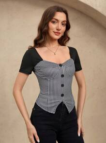 EMERY ROSE Blusa de trabajo elegante y casual con botones delanteros y manga corta, silueta entallada para dama - Multicolor - Ver 1