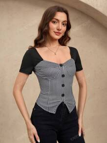 EMERY ROSE Front Button Elegant Casual Work Short Sleeve Bodycon Ladies T-Shirt