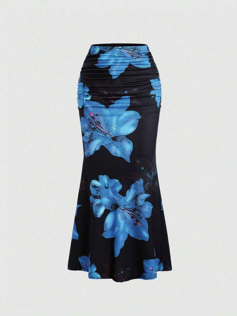 Sweetra 女式花卉印花松紧腰褶饰鱼尾长裙