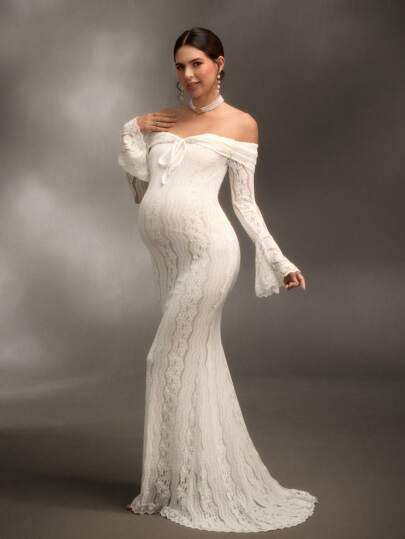 Cheriluna Maternity Váy maxi đuôi cá dài tay ren trắng trễ vai thanh lịch, thích hợp cho đám cưới, tiệc tùng, tiệc mừng em bé, chụp ảnh bầu, lễ rửa tội