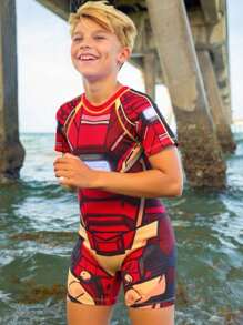 SHEIN 1 Piece Tween Boy Casual Sports Swimsuit With Robot Pattern Leggings Kids Outfits Toddler Boy Clothes Back To School Boys Set Suitable For Outdoor Swimming Kids Bathing Suits Suitable For Spring, Summer Boys Superhero Swimsuits Red Toddler Boy Swim Sets