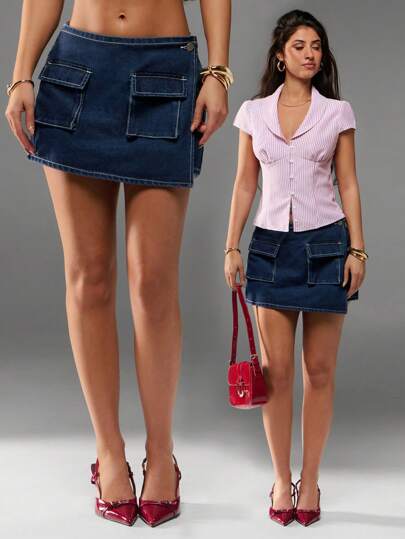 SHEIN Forever 21 Women Summer New Style Skort Style Ultra Skort Dark Blue Washed Denim Skort With Cargo Pockets/Hot Girl/Shopping/Homecoming/Easter
