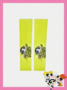 THE POWERPUFF GIRLS X SHEIN 1双霓虹绿色卡通字母印花女式臂套 - 綠色 - 查看 2