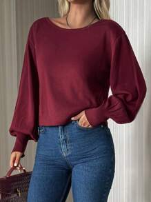 EURMUSE Chic Navy Knit Sweater With Dramatic Puff Sleeves, Fitted Cuffs, And Bold Deep Scoop Back Burgundy Top Open Back Top Fall Women Clothes Modest Old Money,Jumper,Cream Jumper,Jumpers,Black Jumper,Womens Jumper,White Jumper,Women's Jumper,Women's Jumpers - Burgundy - View 3