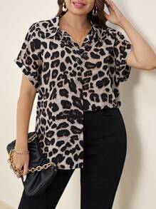 SHEIN Clasi Plus Leopard Print Batwing Sleeve Shirt - Multicolor - View 3