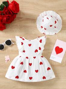 SHEIN Vestido Para Niña De Bebé Impreso Con Corazones Y Dobladillo Con Volantes - Rojo y blanco - Ver 2
