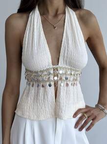 Aloruh 浪漫约会之夜性感假期波西米亚风露背贝壳边杏色女式背心 - 杏色 - 查看 3