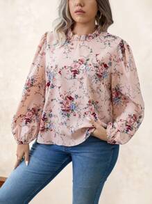 SHEIN Clasi 大碼印花褶邊燈籠袖襯衫