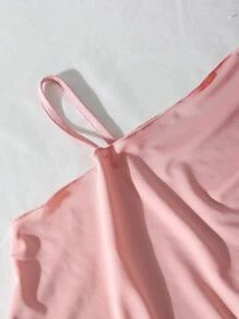 SHEIN Girls Elegant Simple Oblique Shoulder Short Fitted Pink Camisole And Elastic Waist Straight Leg Fitted Pink Pants Set Summer Lady Style - Pink - View 3