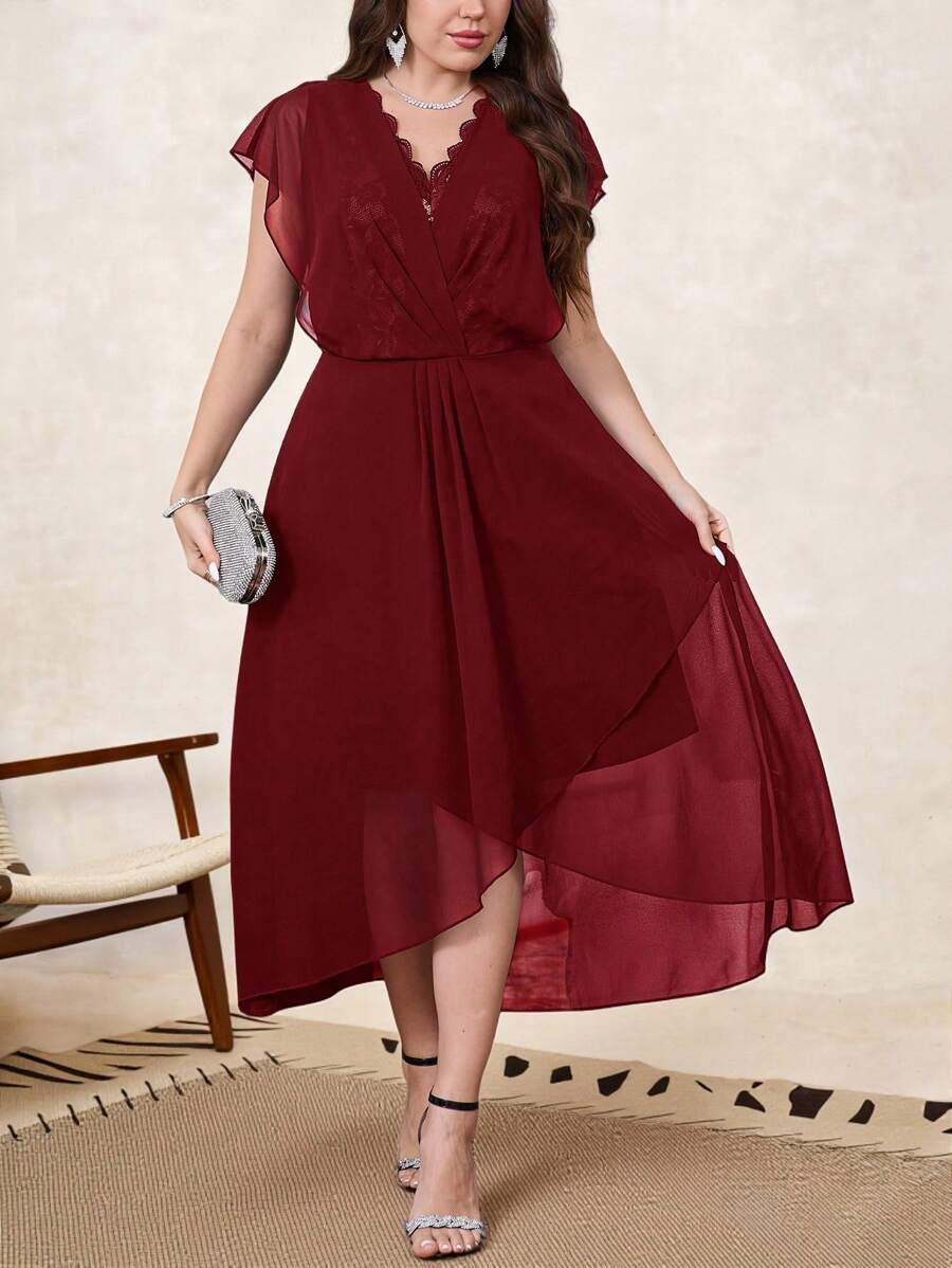 SHEIN Clasi 大码女式纯色撞色蕾丝蝙蝠袖优雅连衣裙 - 酒紅色 - 查看 1