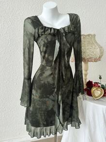 Modelyn Robe courte élégante avec volants et manches évasées imprimée tie dye pour femmes - Vert - Voir 4