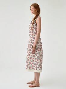 Florisole Váy không tay họa tiết hoa phong cách Bohemian dành cho nữ, có chi tiết cài nút tinh xảo, phù hợp cho kỳ nghỉ hè - Đỏ - Xem 3