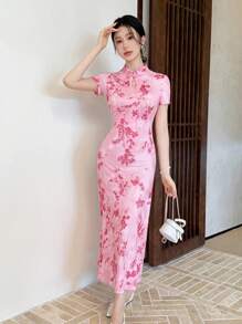 Celisse Vestido Qipao impreso de estilo chino elegante y retro, con cintura ceñida, para uso diario, commuter o vacaciones - Multicolor - Ver 4